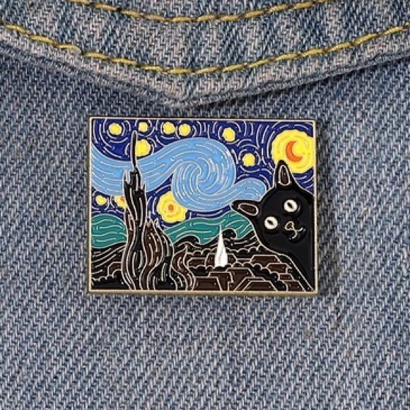 Van Gogh Black Cat Enamel Metal Pin Starry Night Painting Kitty Art History Gift - Picture 3 of 9